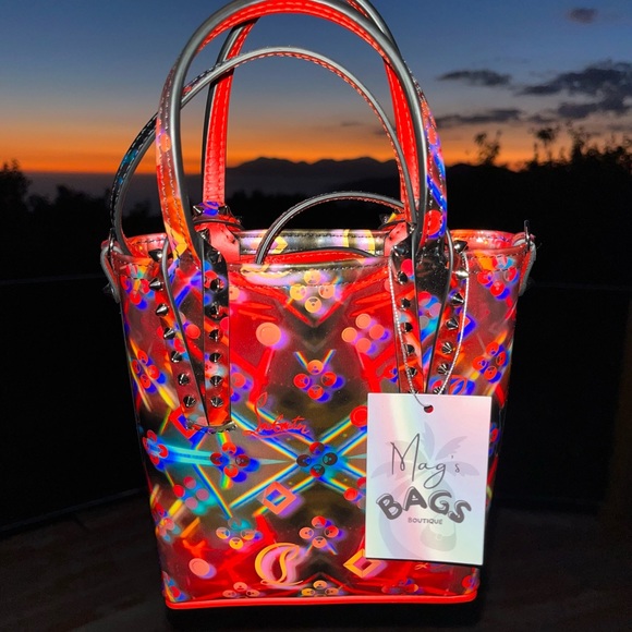Louboutin: Holographic Patent Cabata Spiked Leather Mini Tote Crossbody Bag - Picture 8 of 17